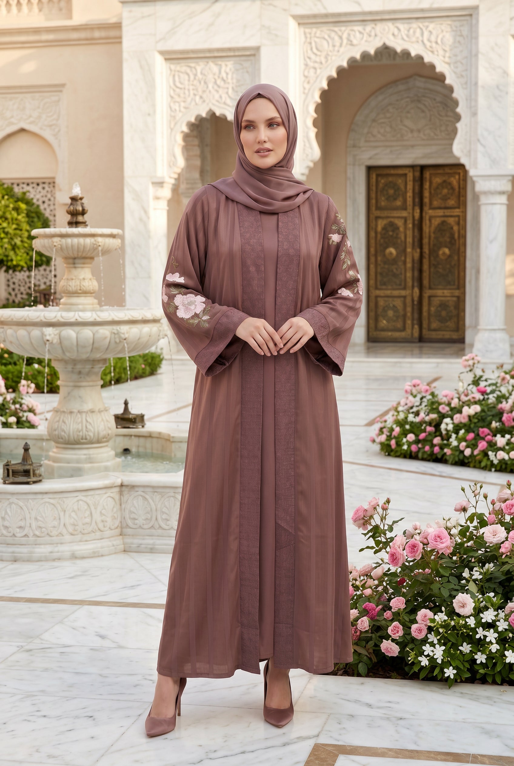 Layana Embroidered Kimono Abaya Tea Pink 1161