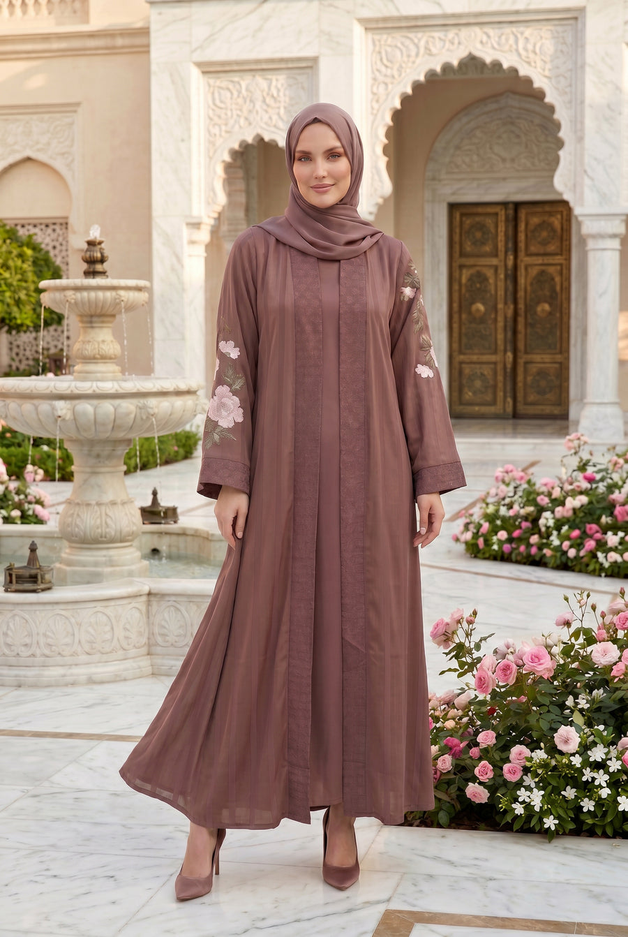 Layana Embroidered Kimono Abaya Tea Pink 1161