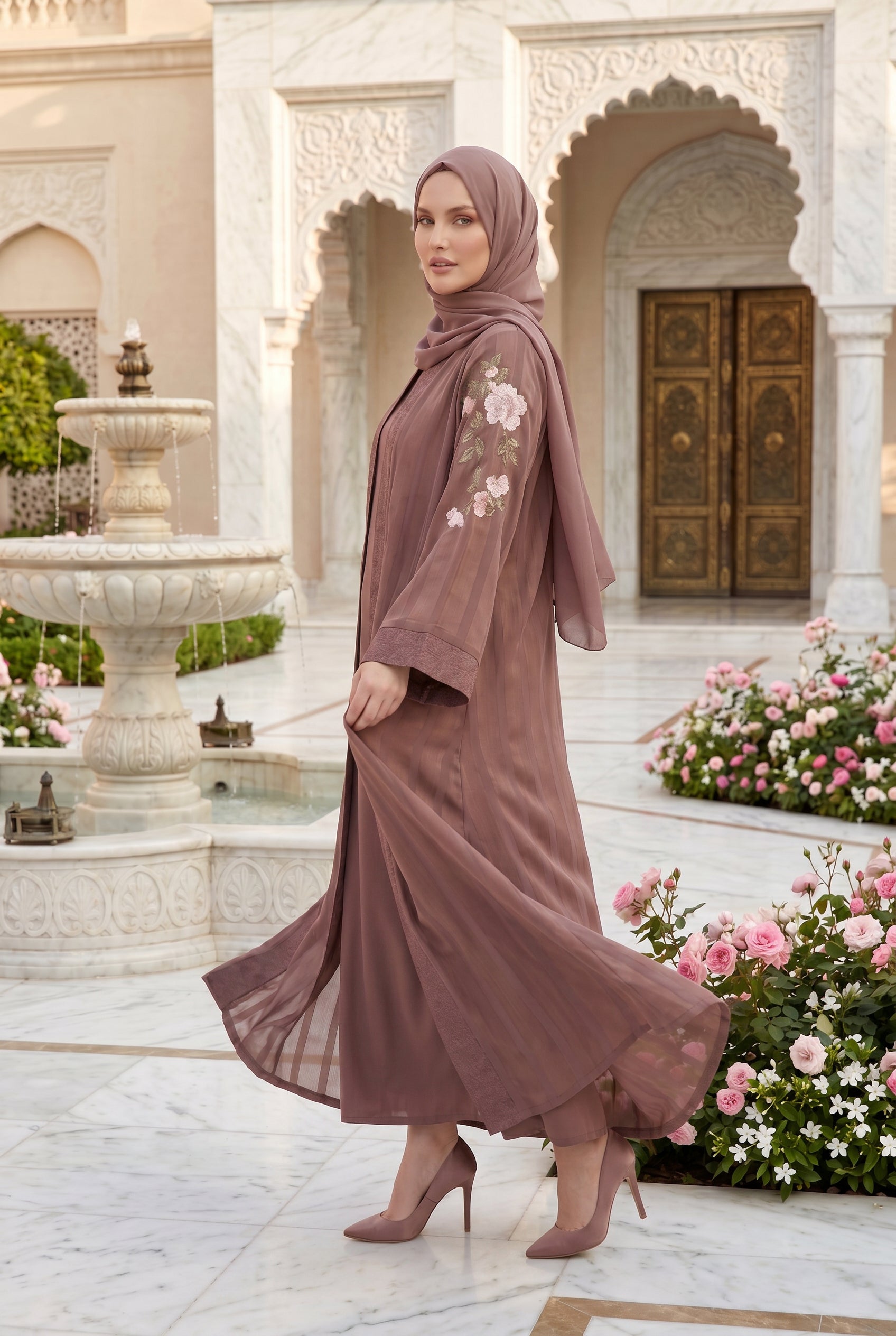 Layana Embroidered Kimono Abaya Tea Pink 1161