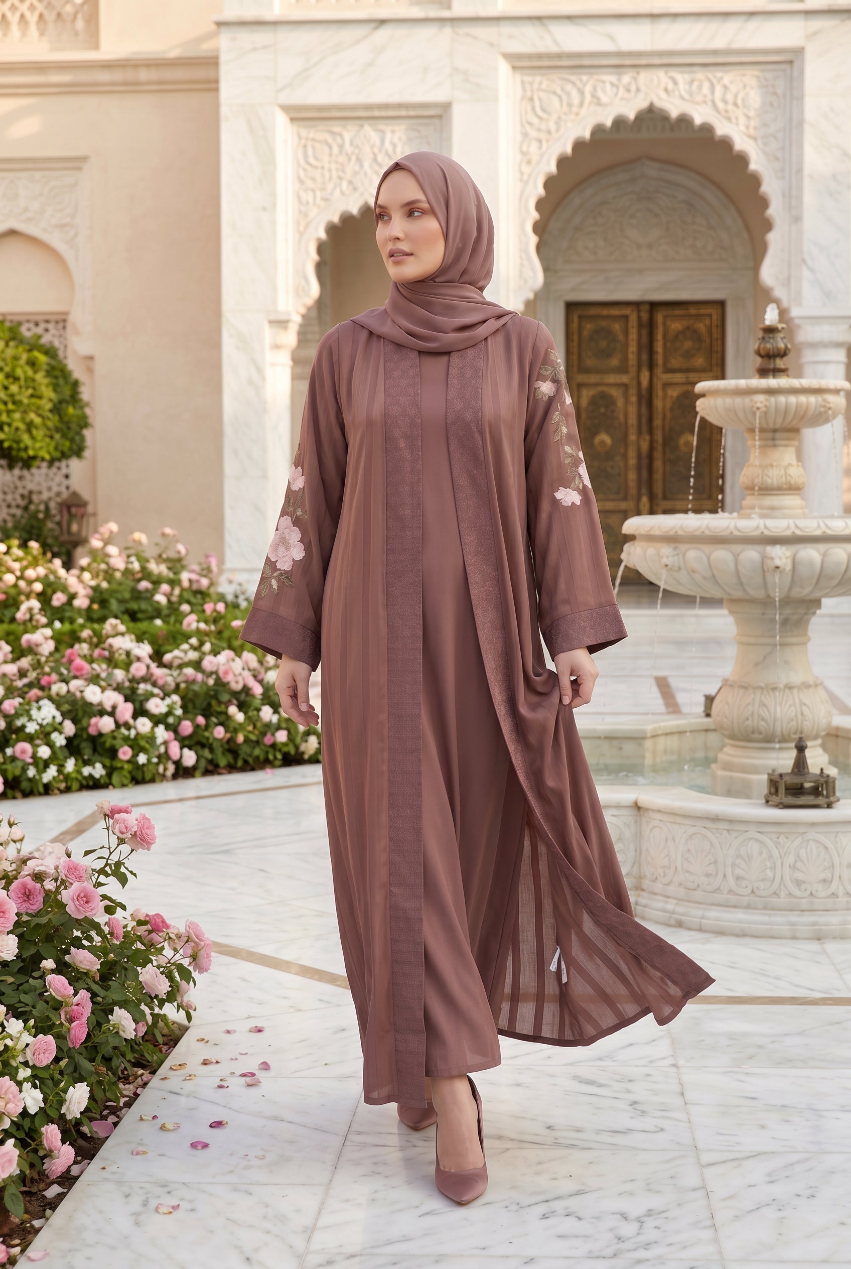 Layana Embroidered Kimono Abaya Tea Pink 1161