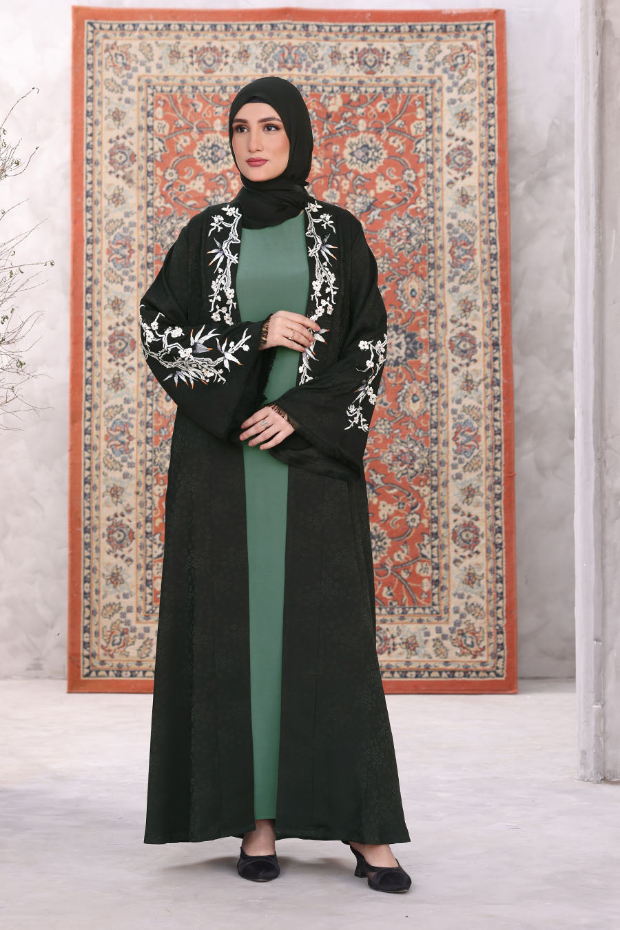 Floral Kimono Abaya Black 1170