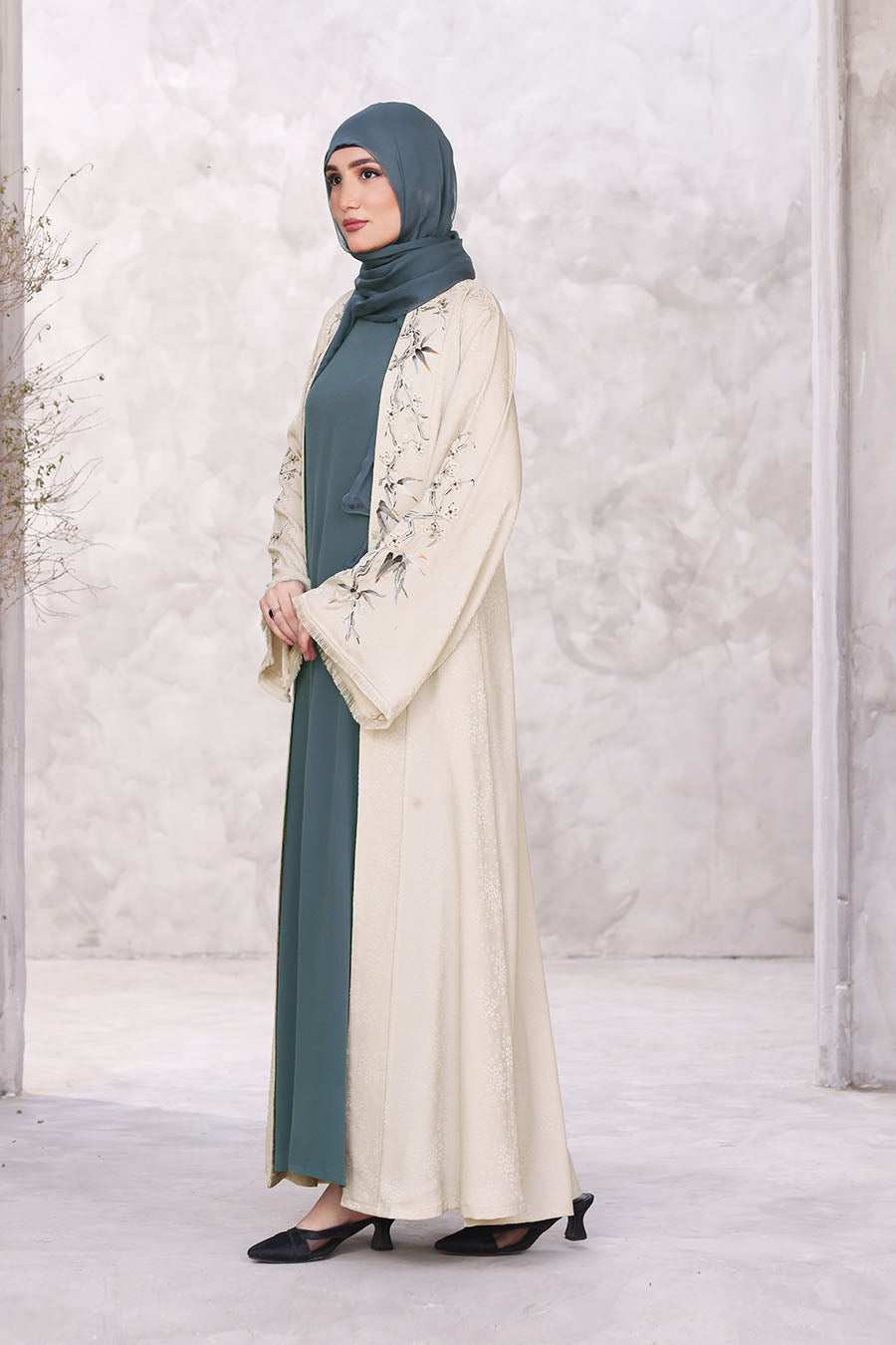 Floral Kimono Abaya Beige 1170