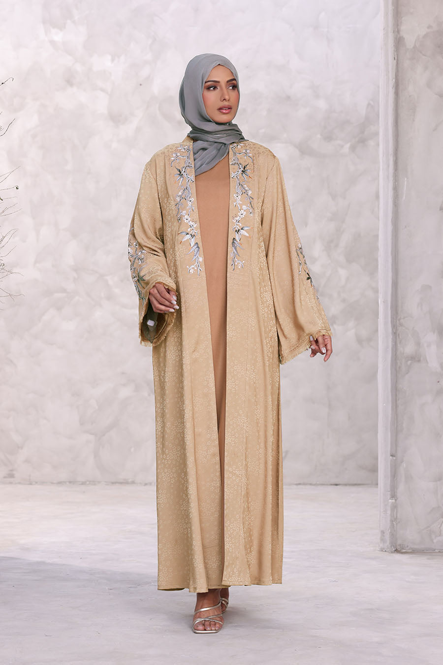 Floral Kimono Abaya Khaki 1170