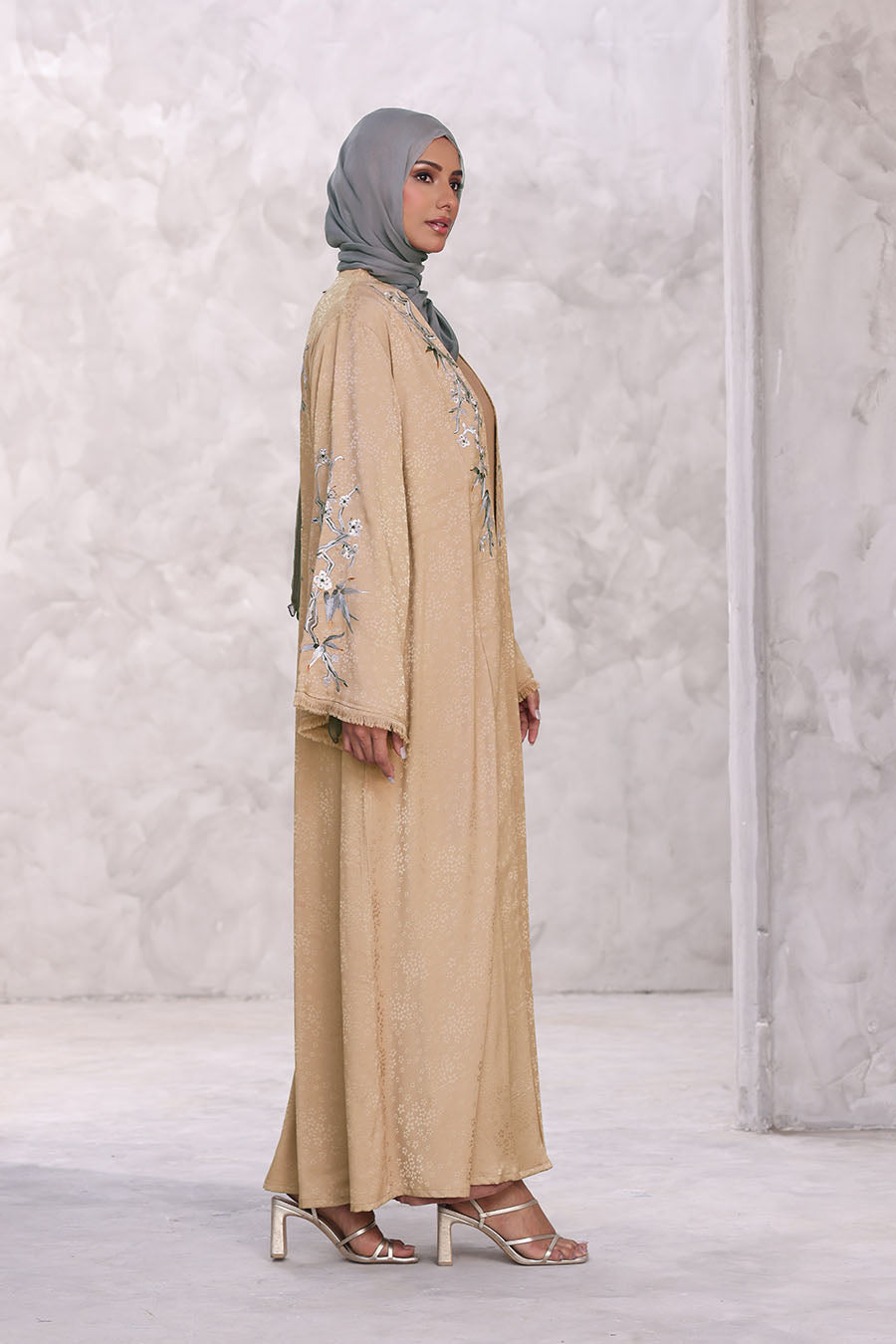 Floral Kimono Abaya Khaki 1170