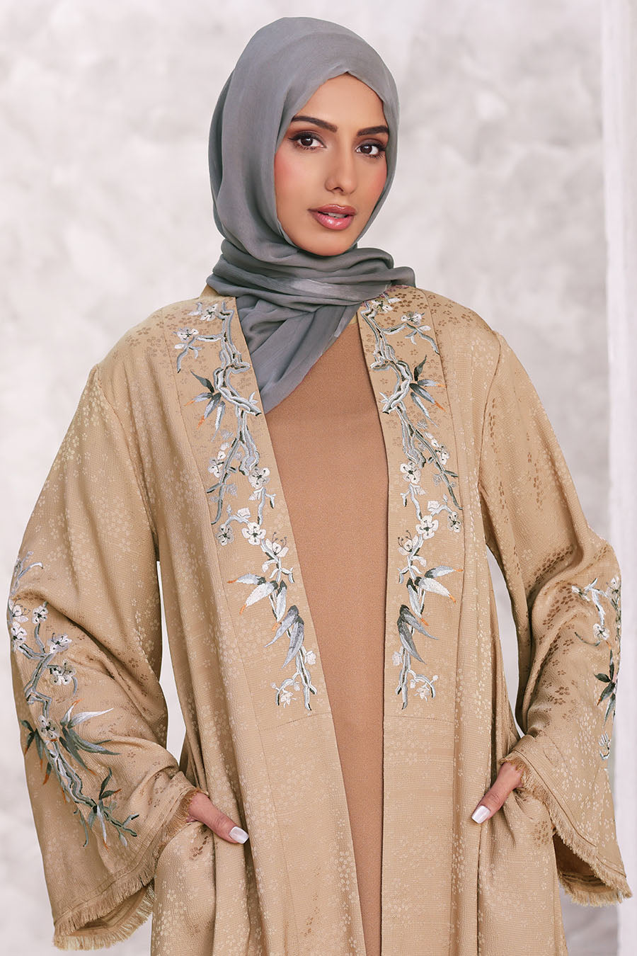 Floral Kimono Abaya Khaki 1170