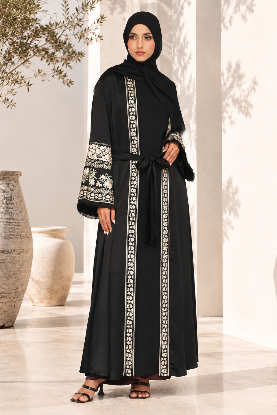 Areeba Floral Kimono Abaya Black 1236