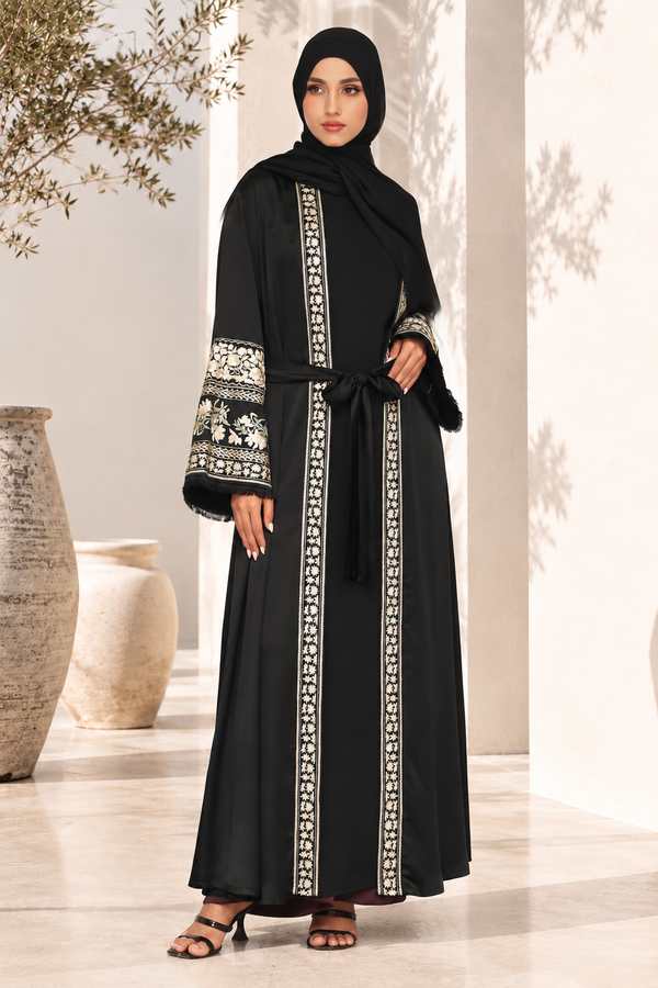 Areeba Floral Kimono Abaya Black 1236