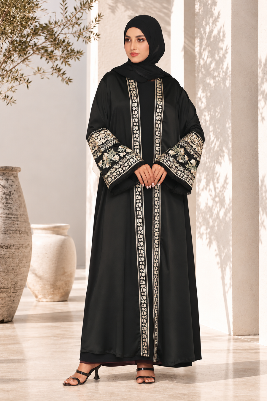 Areeba Floral Kimono Abaya Black 1236
