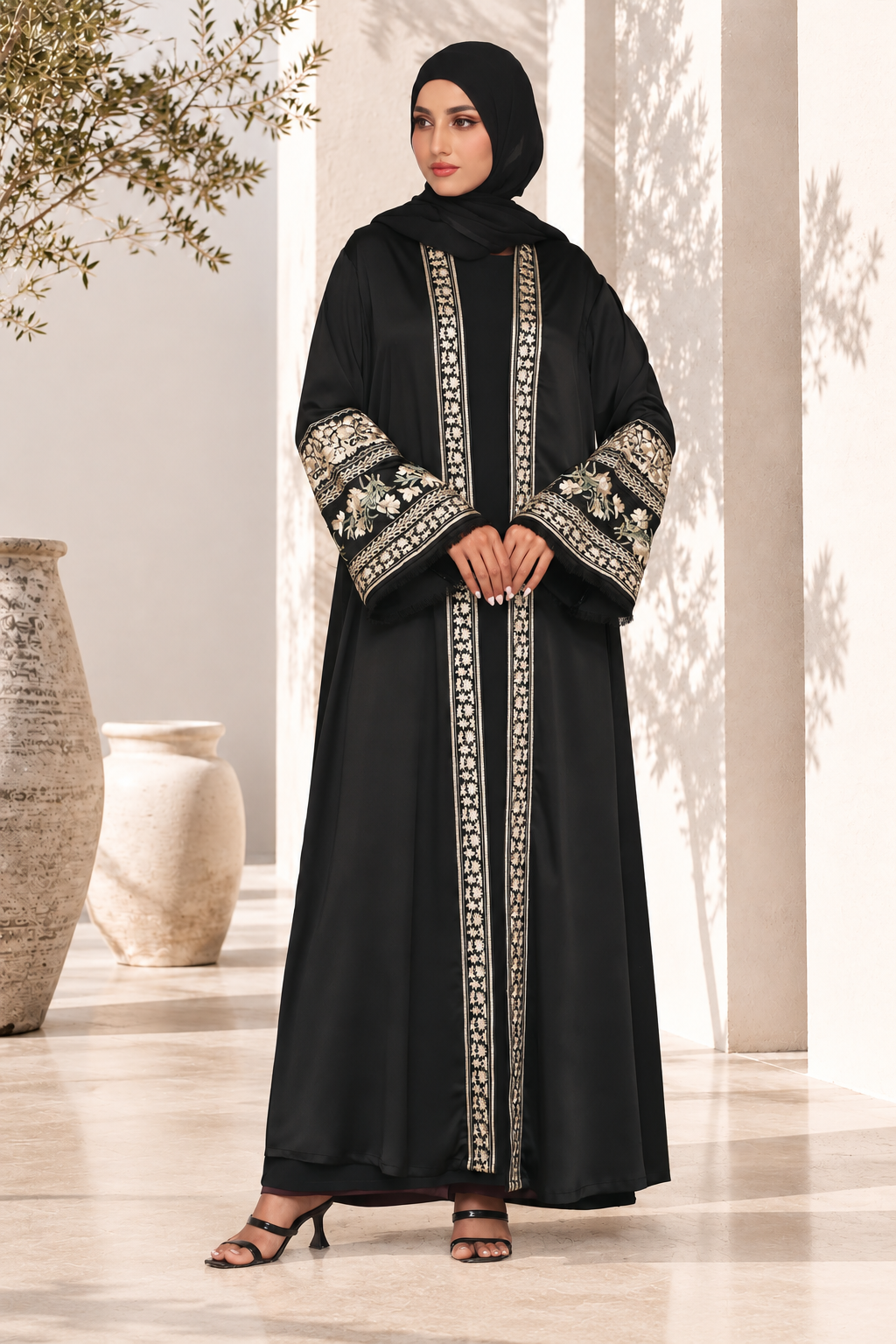 Areeba Floral Kimono Abaya Black 1236