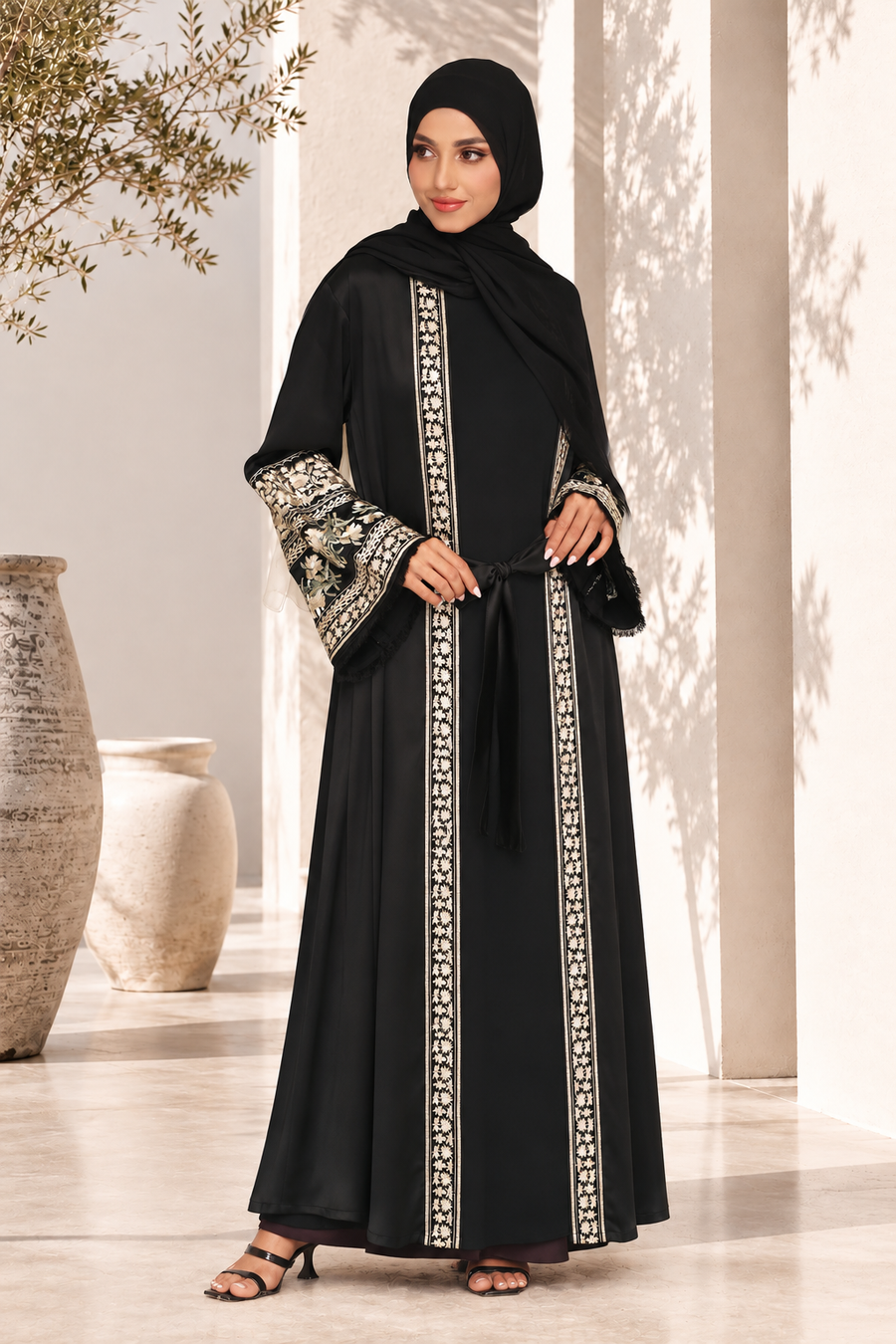 Areeba Floral Kimono Abaya Black 1236