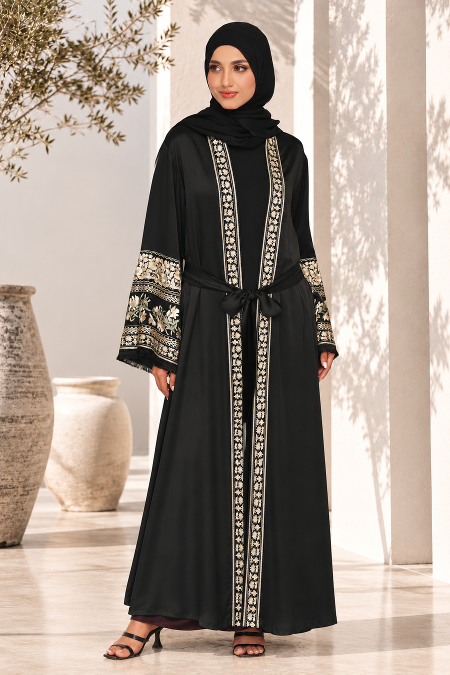 Areeba Floral Kimono Abaya Black 1236