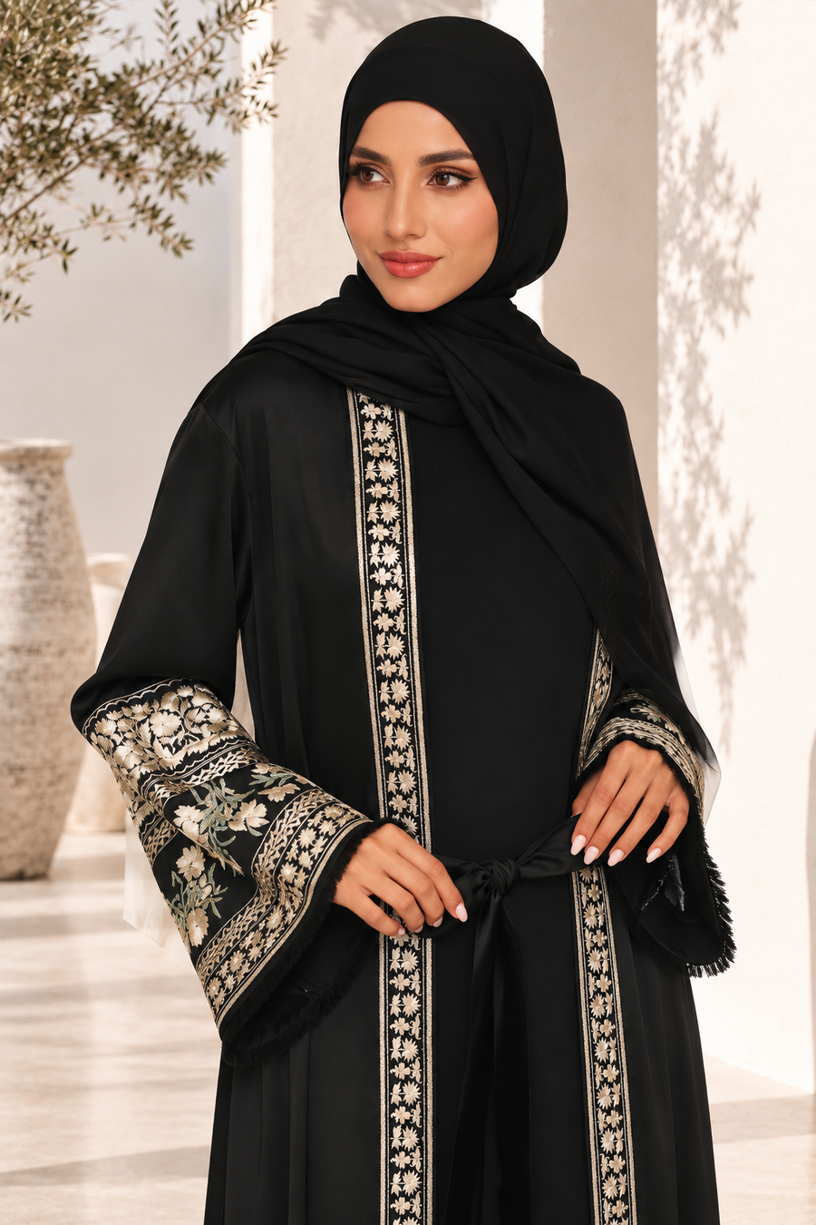Areeba Floral Kimono Abaya Black 1236