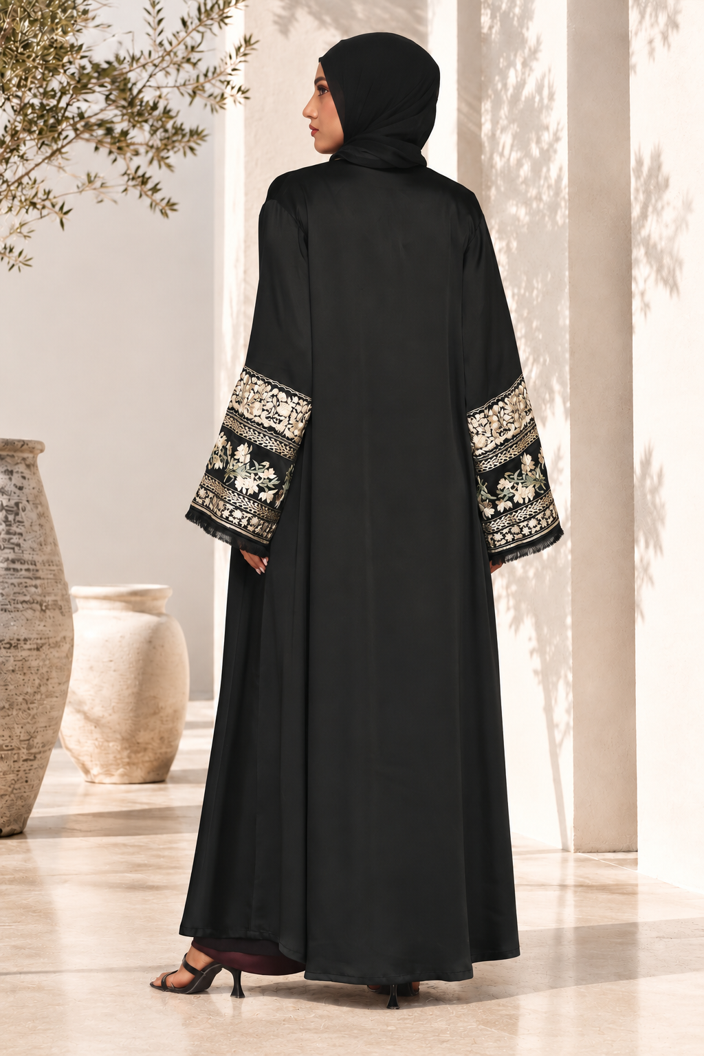 Areeba Floral Kimono Abaya Black 1236