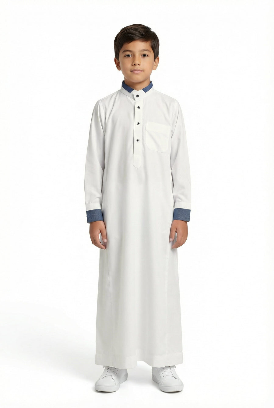 Boys Collared Thobe White With Blue Detailing 977