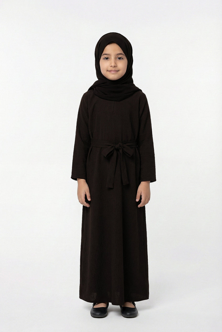 Girls Textured Plain Abaya Brown 618