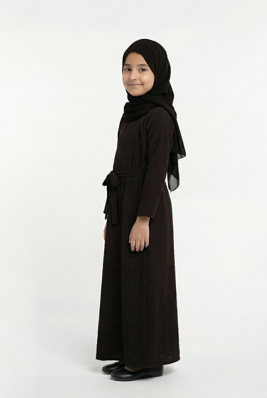 Girls Textured Plain Abaya Brown 618
