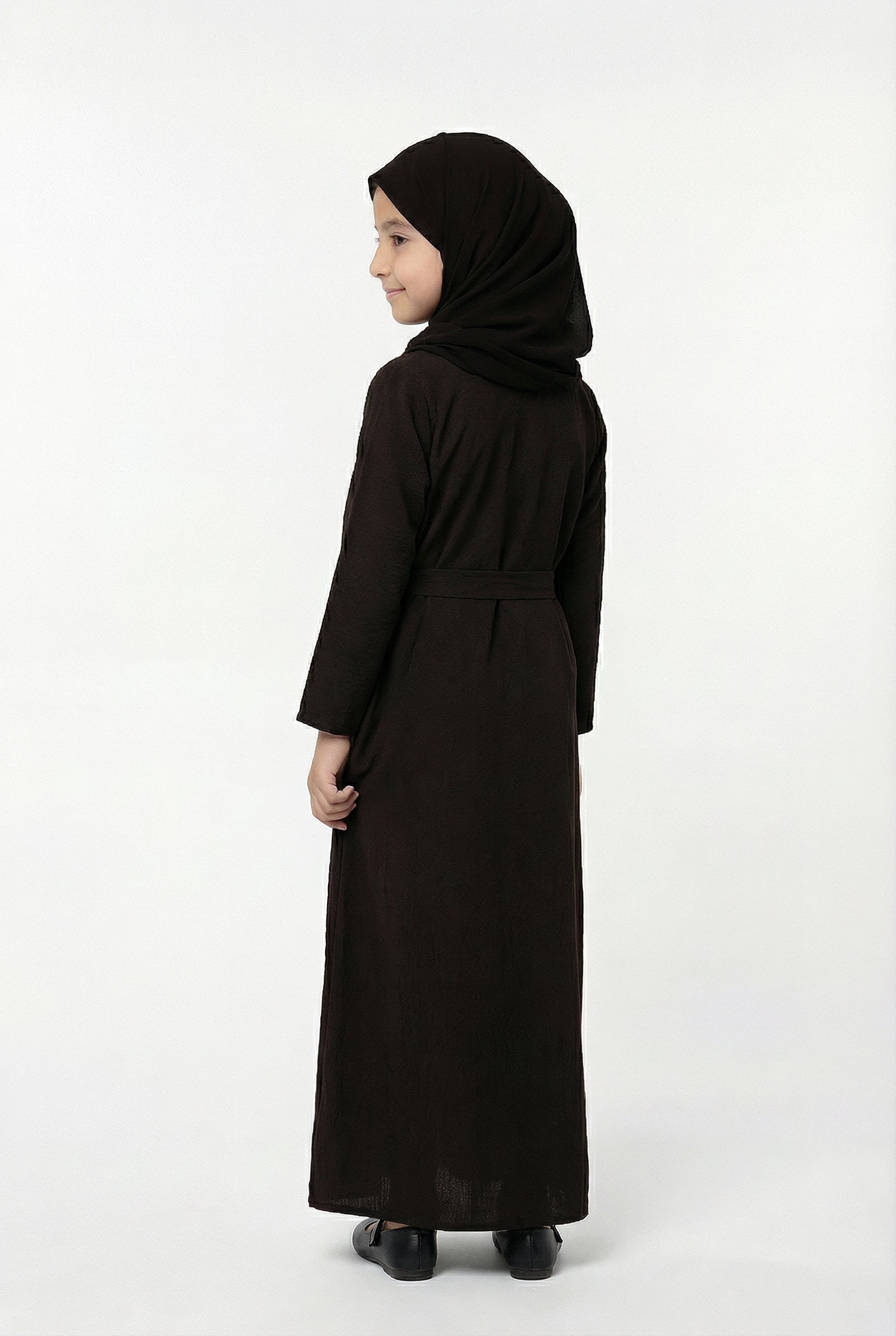 Girls Textured Plain Abaya Brown 618