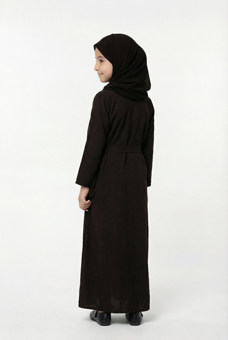 Girls Textured Plain Abaya Brown 618
