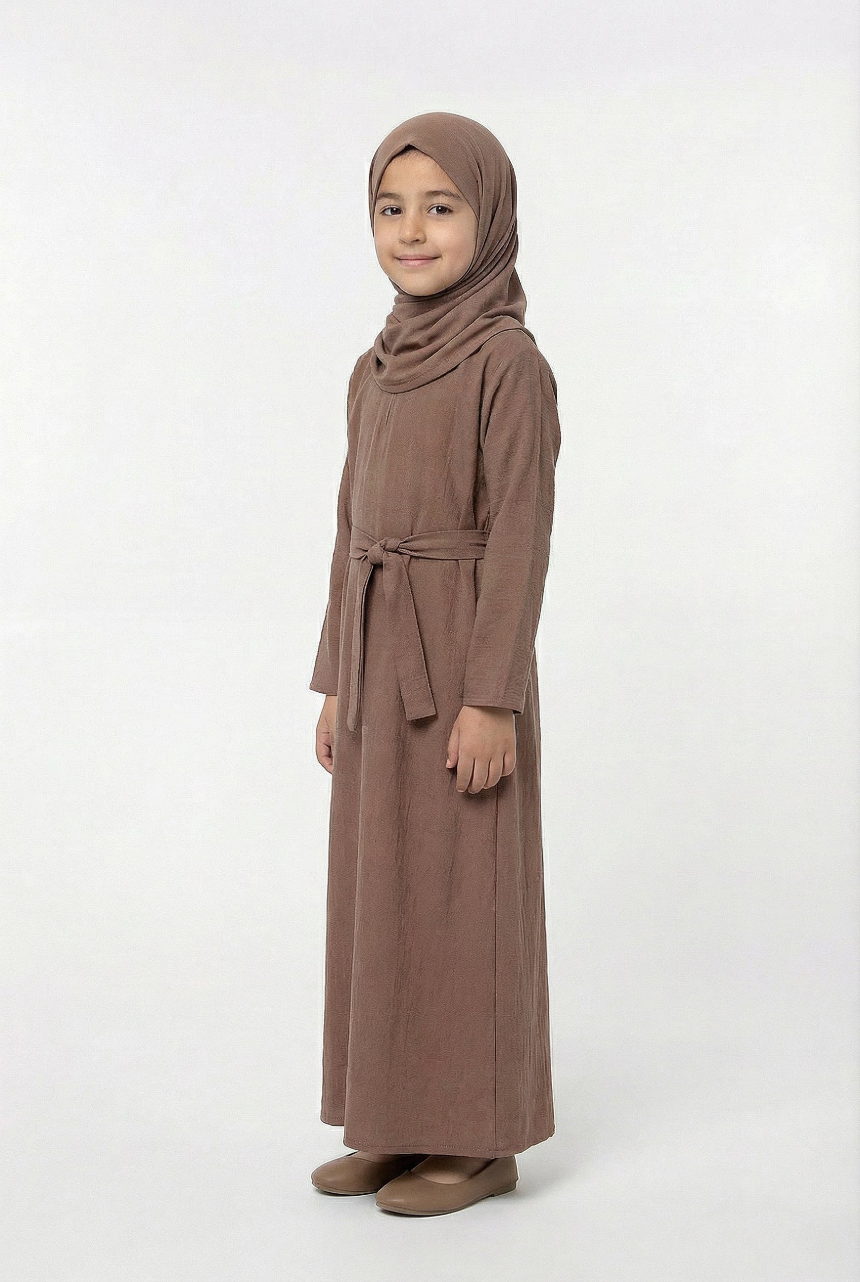 Girls Textured Plain Abaya Chestnut 618