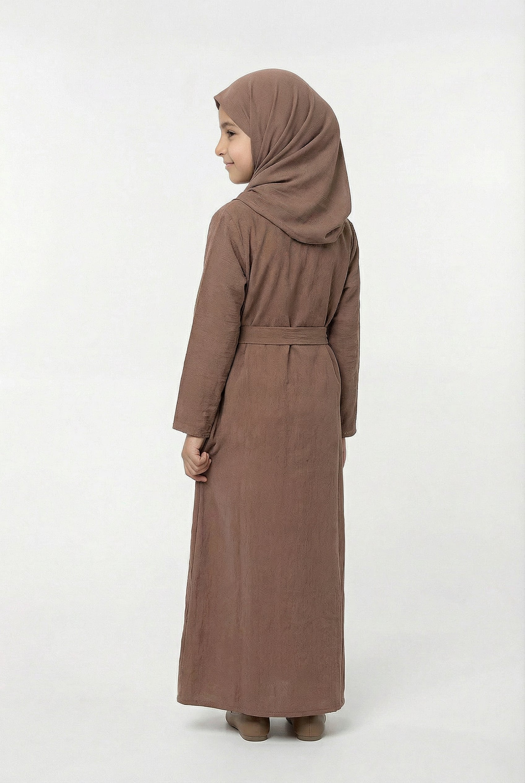 Girls Textured Plain Abaya Chestnut 618