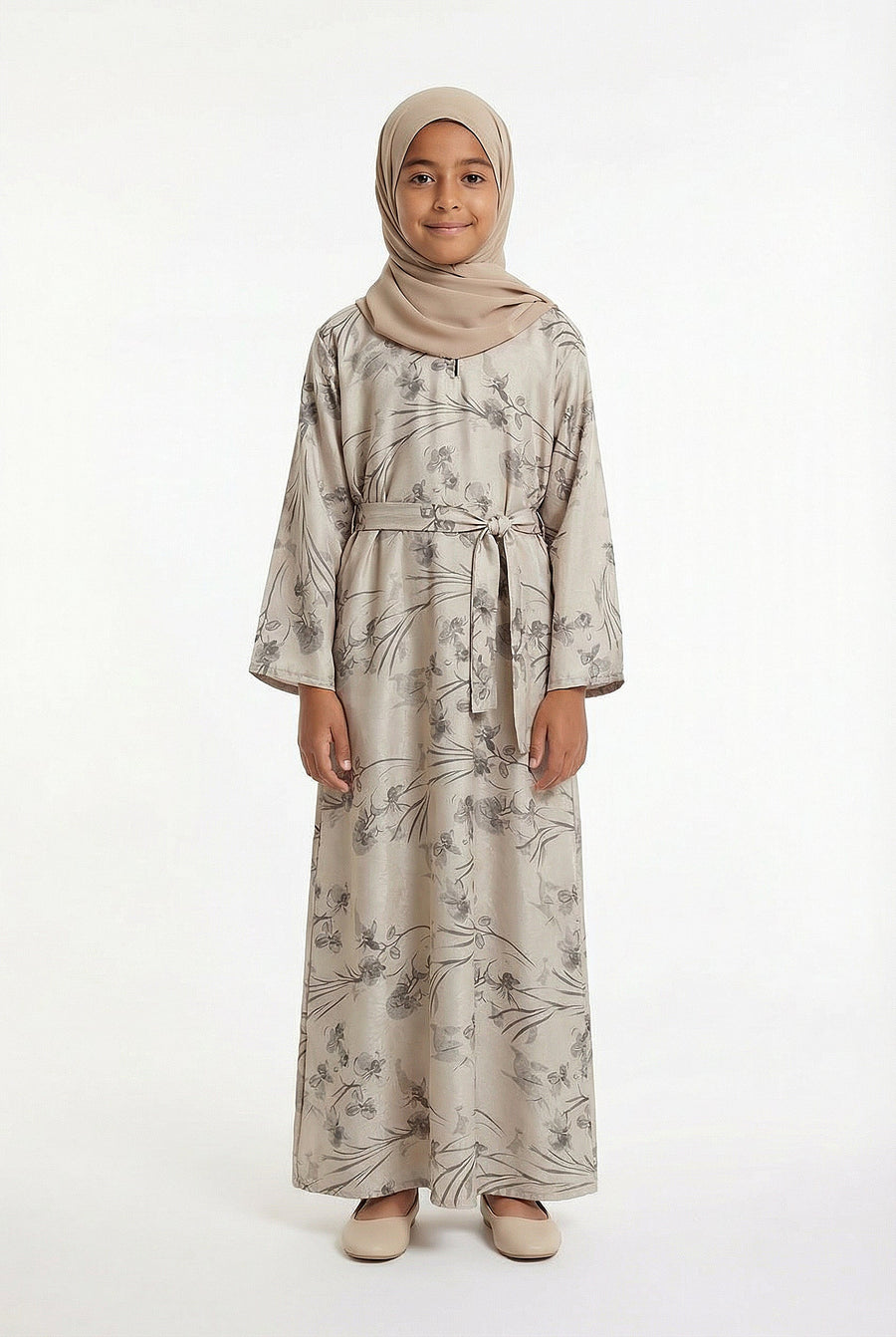 Girls Floral Weave Abaya Beige 654 Col 1