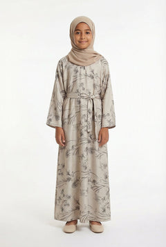 Girls Floral Weave Abaya Beige 654 Col 1