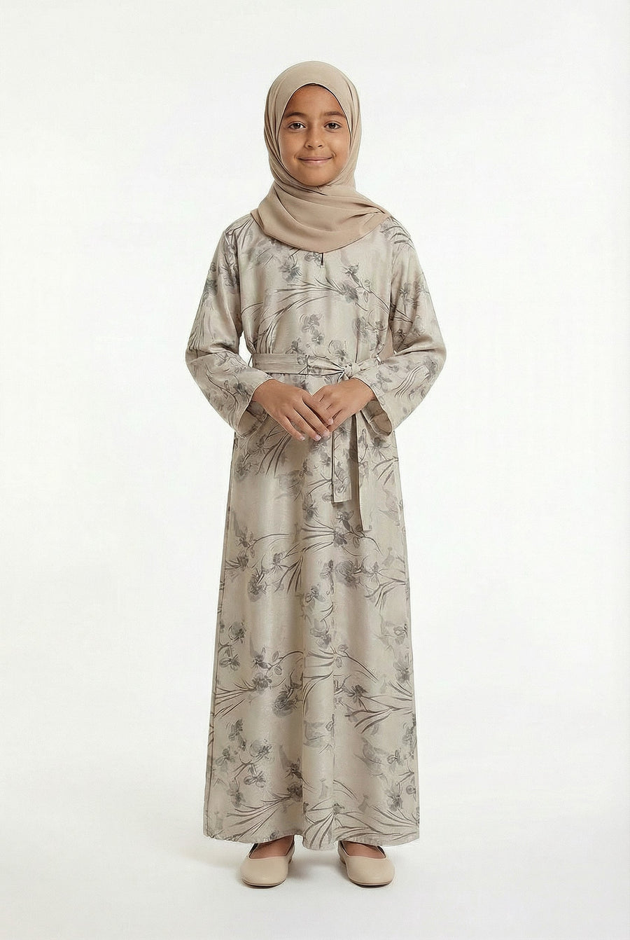 Girls Floral Weave Abaya Beige 654 Col 1