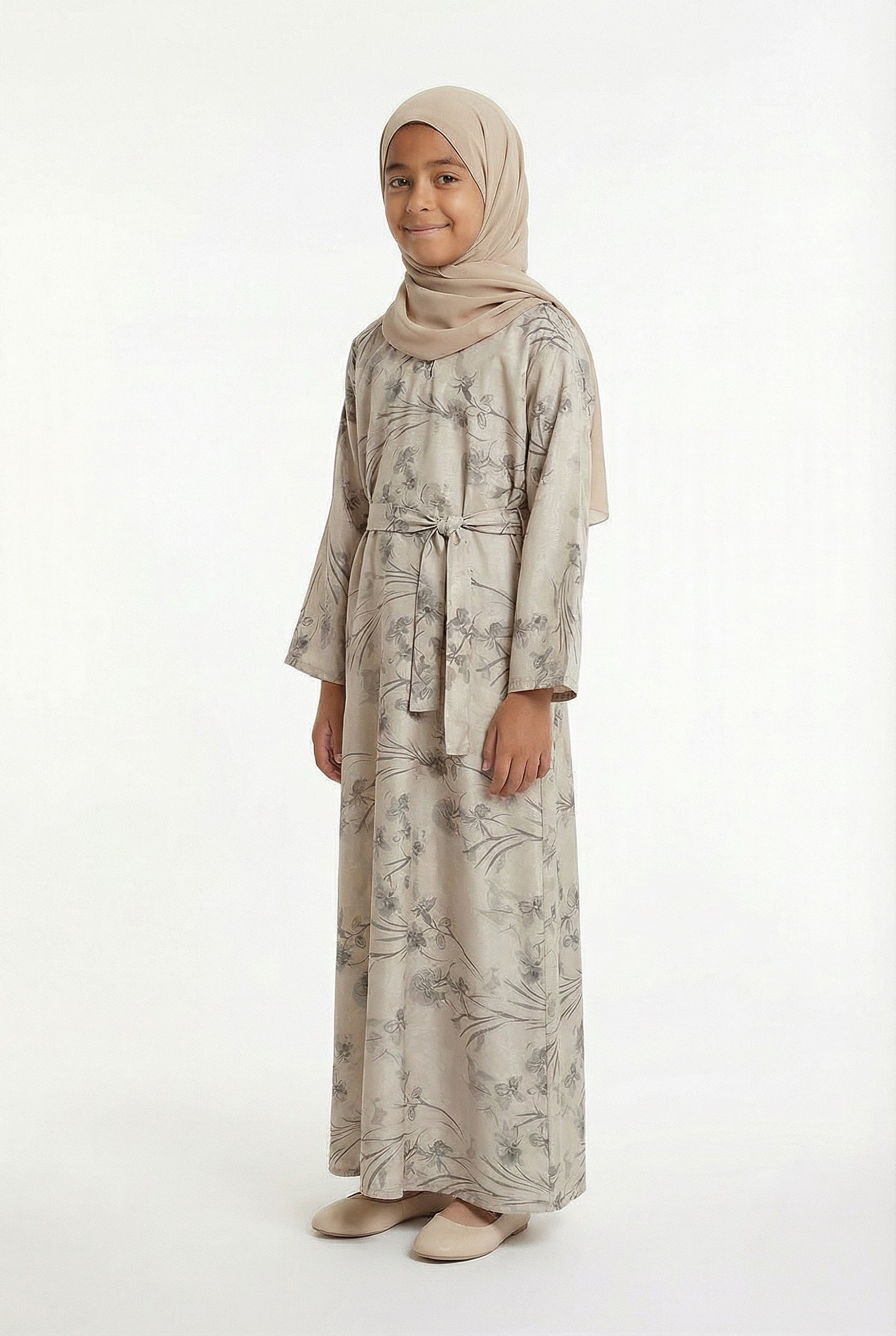 Girls Floral Weave Abaya Beige 654 Col 1