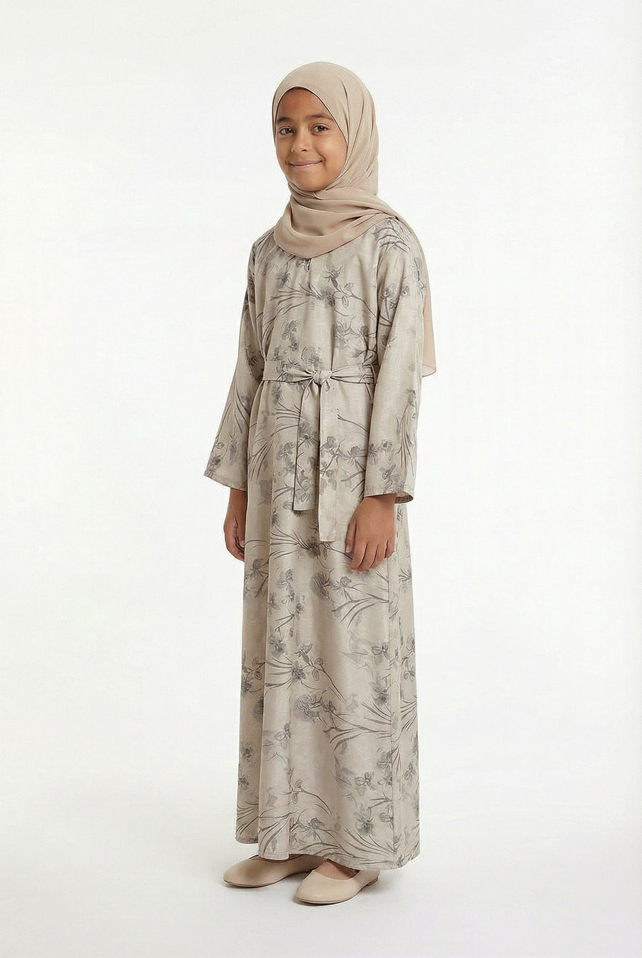 Girls Floral Weave Abaya Beige 654 Col 1