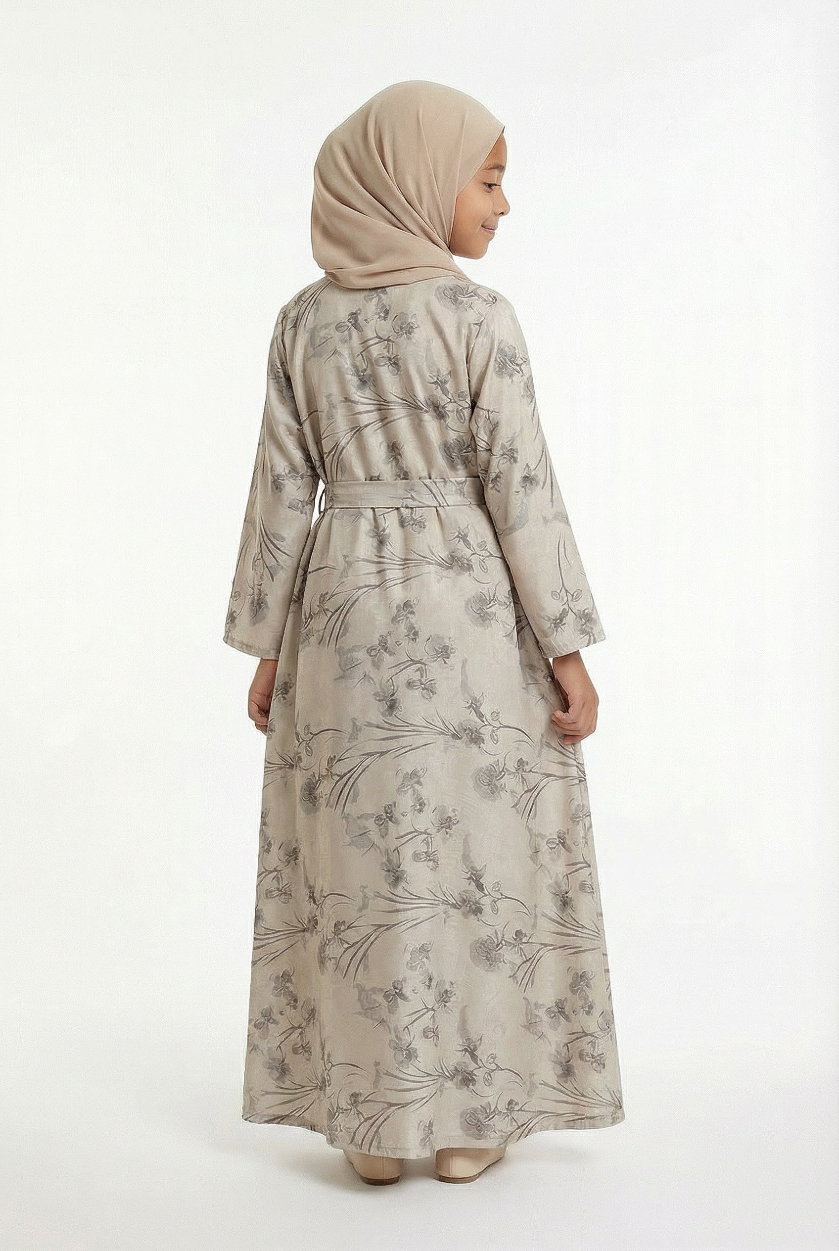 Girls Floral Weave Abaya Beige 654 Col 1