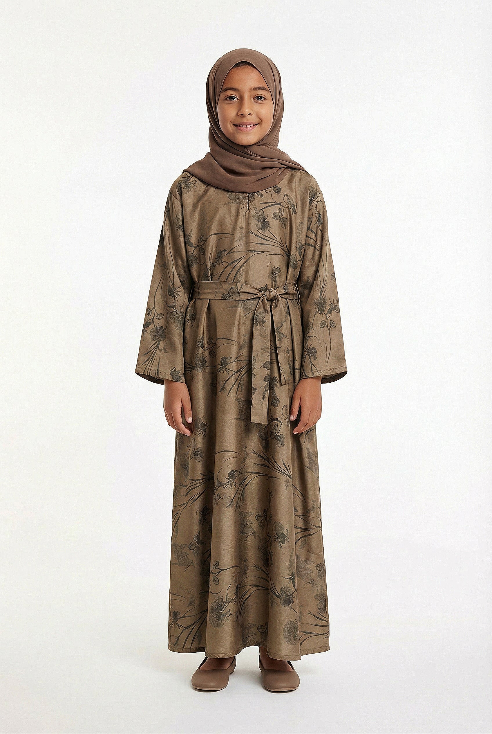 Girls Floral Weave Abaya Mocha Brown 654 Col 2