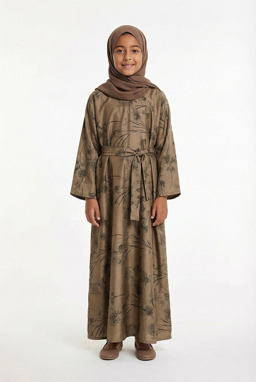 Girls Floral Weave Abaya Mocha Brown 654 Col 2
