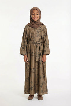 Girls Floral Weave Abaya Mocha Brown 654 Col 2