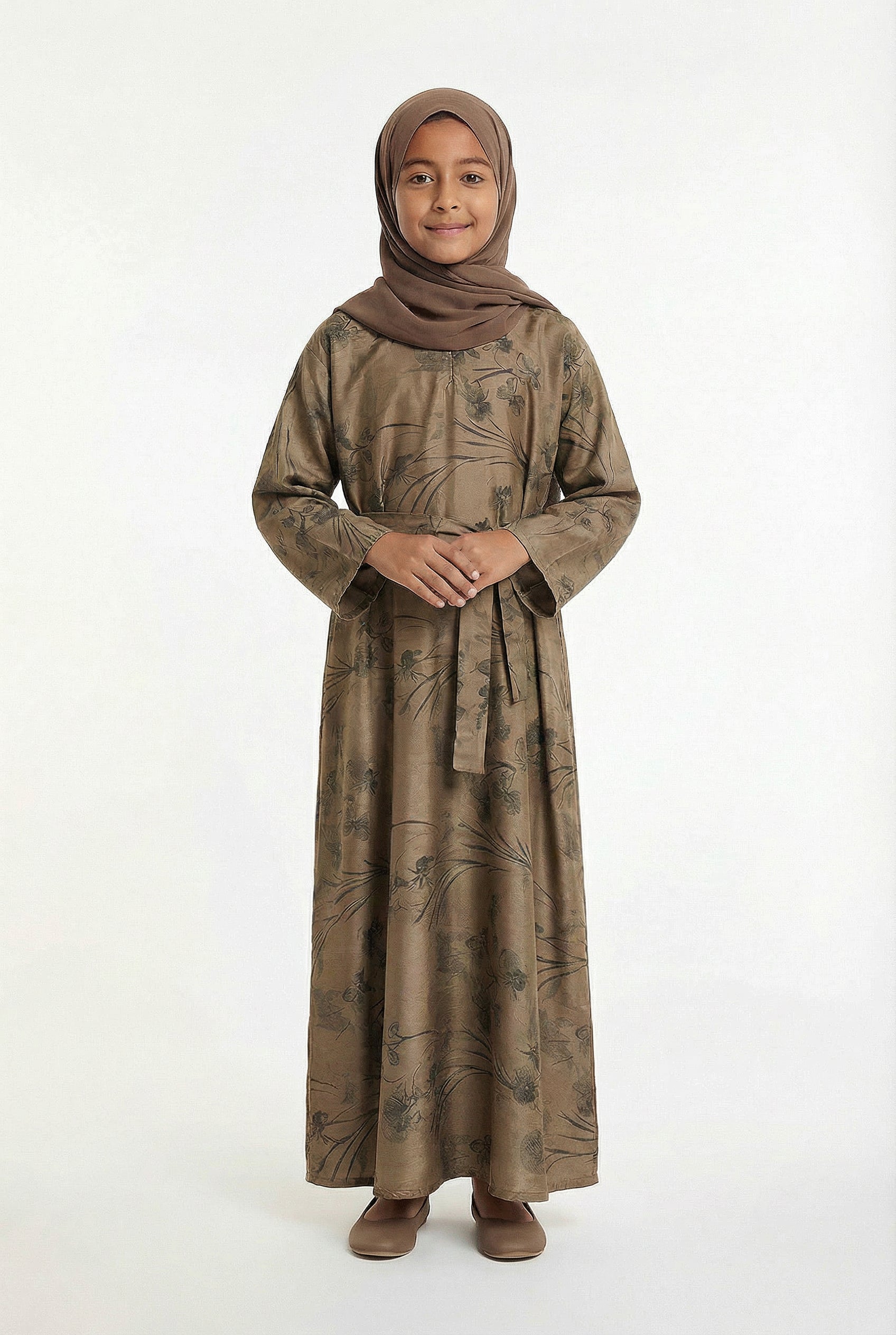 Girls Floral Weave Abaya Mocha Brown 654 Col 2