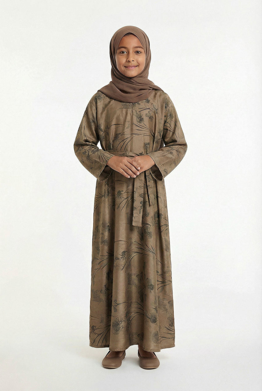 Girls Floral Weave Abaya Mocha Brown 654 Col 2
