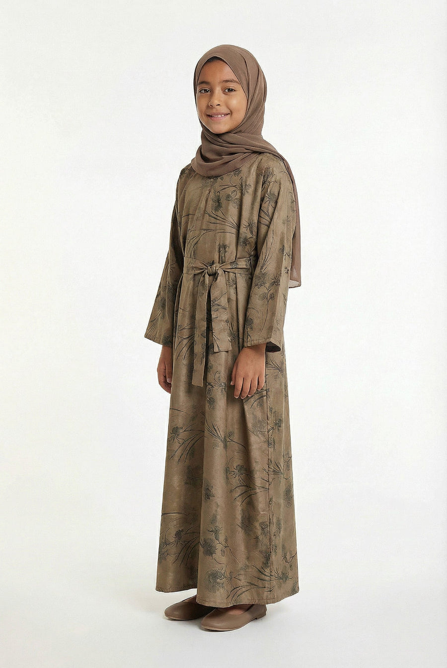 Girls Floral Weave Abaya Mocha Brown 654 Col 2