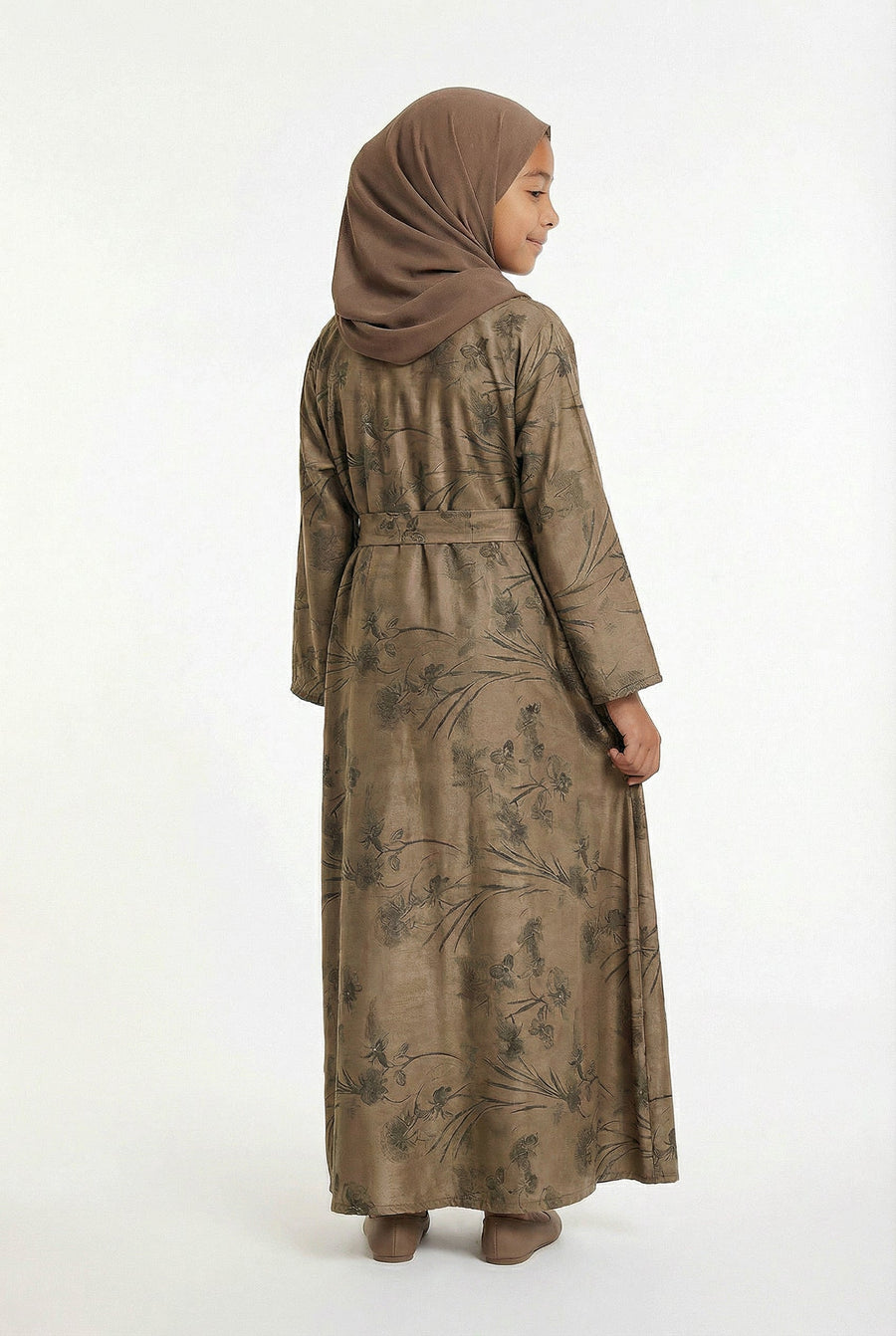 Girls Floral Weave Abaya Mocha Brown 654 Col 2