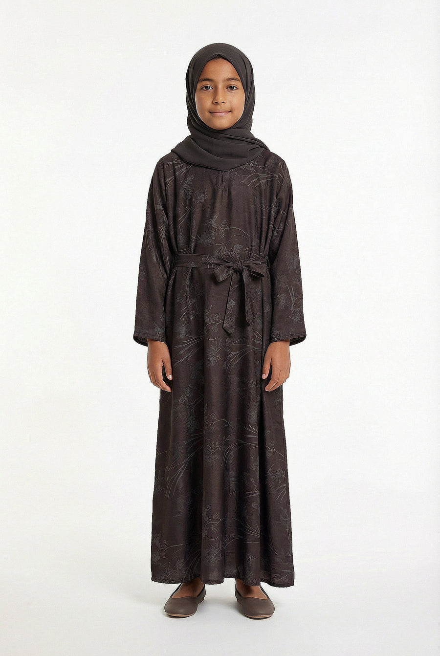 Girls Floral Weave Abaya Deep Chocolate 654 Col 3