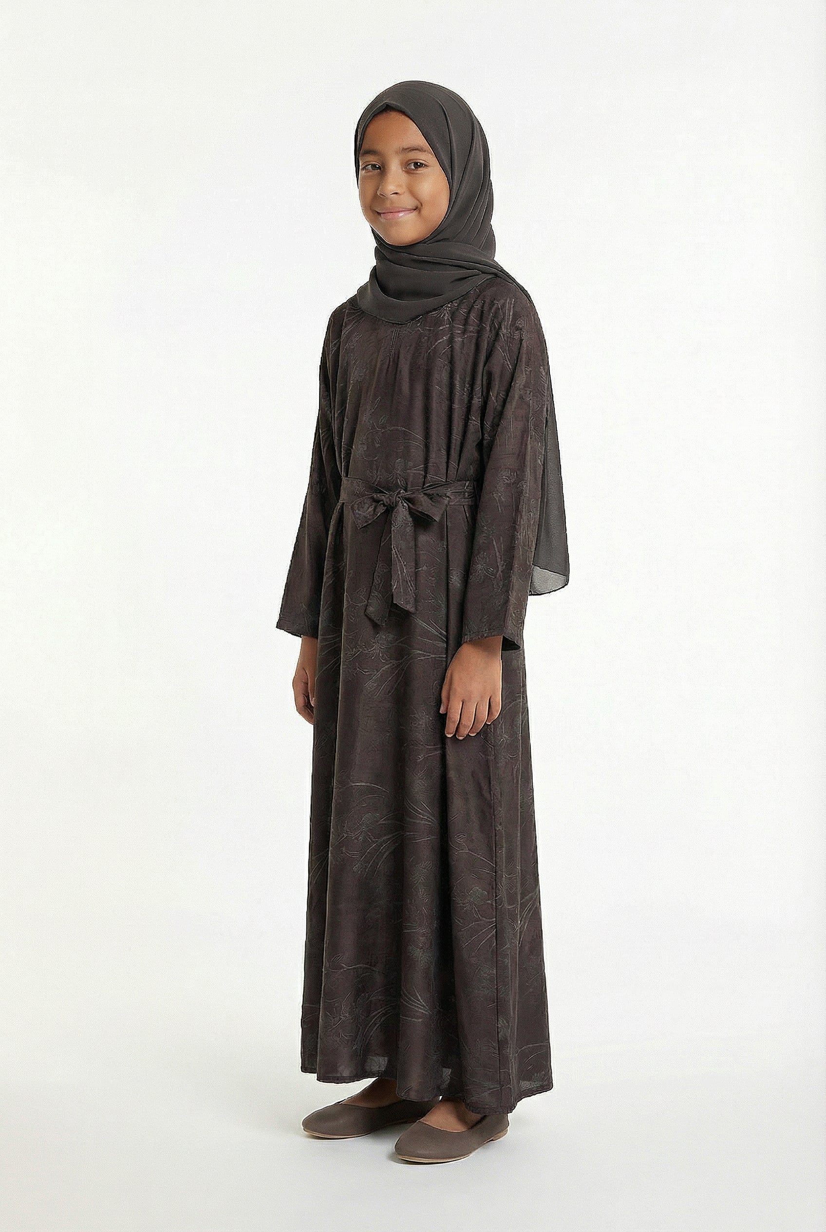 Girls Floral Weave Abaya Deep Chocolate 654 Col 3