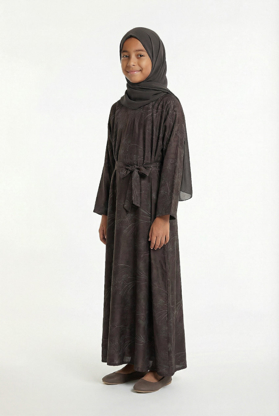 Girls Floral Weave Abaya Deep Chocolate 654 Col 3