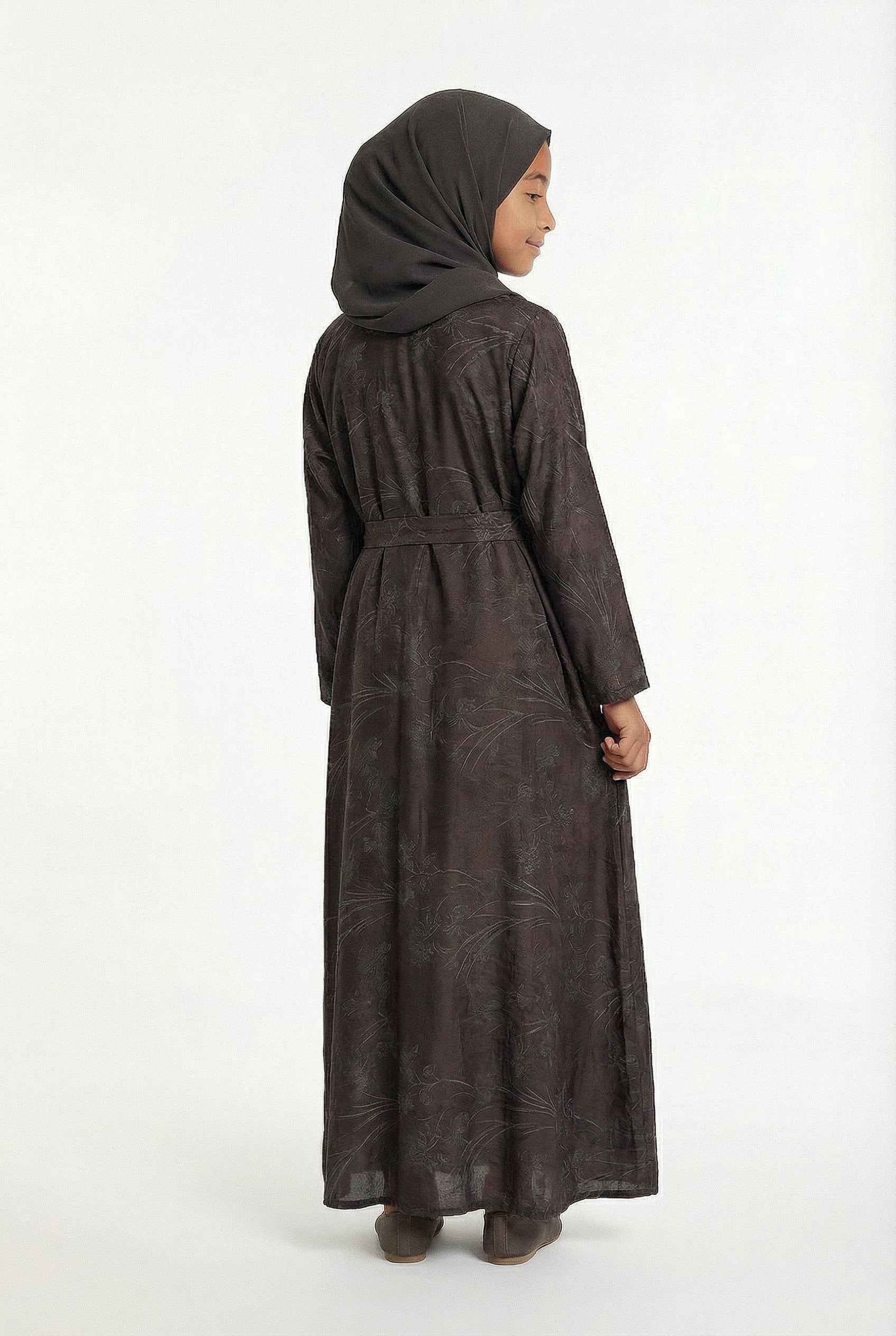 Girls Floral Weave Abaya Deep Chocolate 654 Col 3