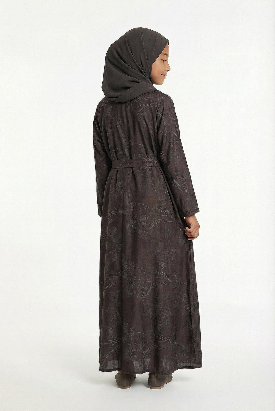 Girls Floral Weave Abaya Deep Chocolate 654 Col 3