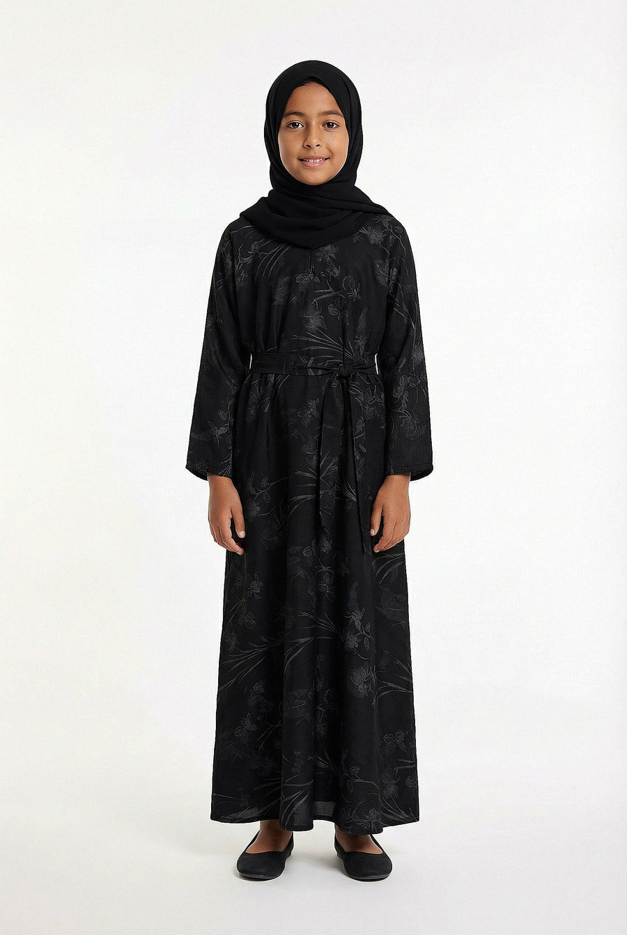 Girls Floral Weave Abaya Black 654 Col 4
