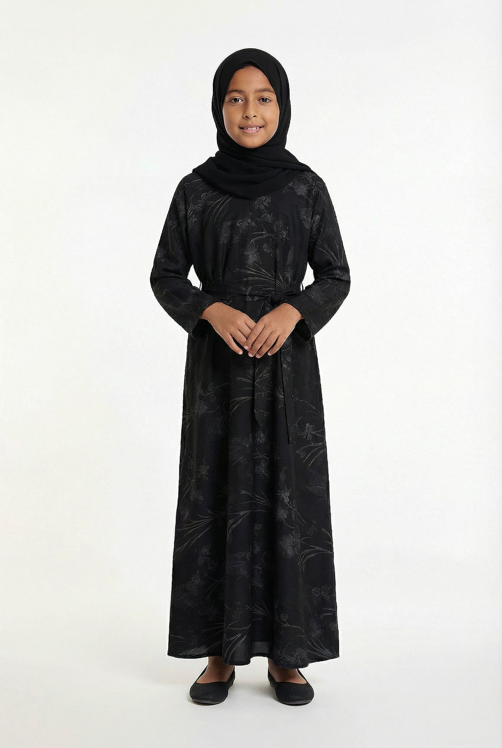 Girls Floral Weave Abaya Black 654 Col 4