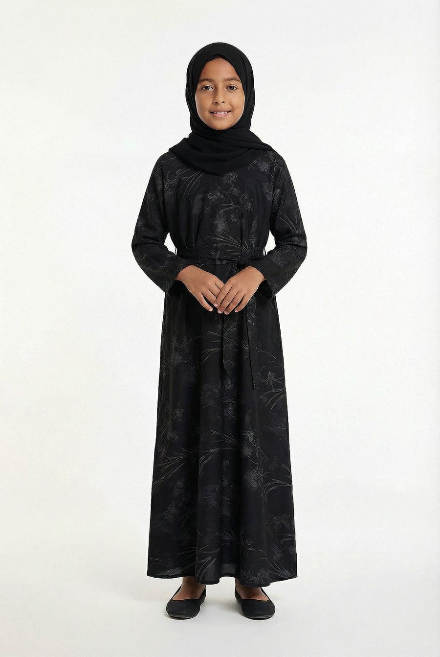 Girls Floral Weave Abaya Black 654 Col 4