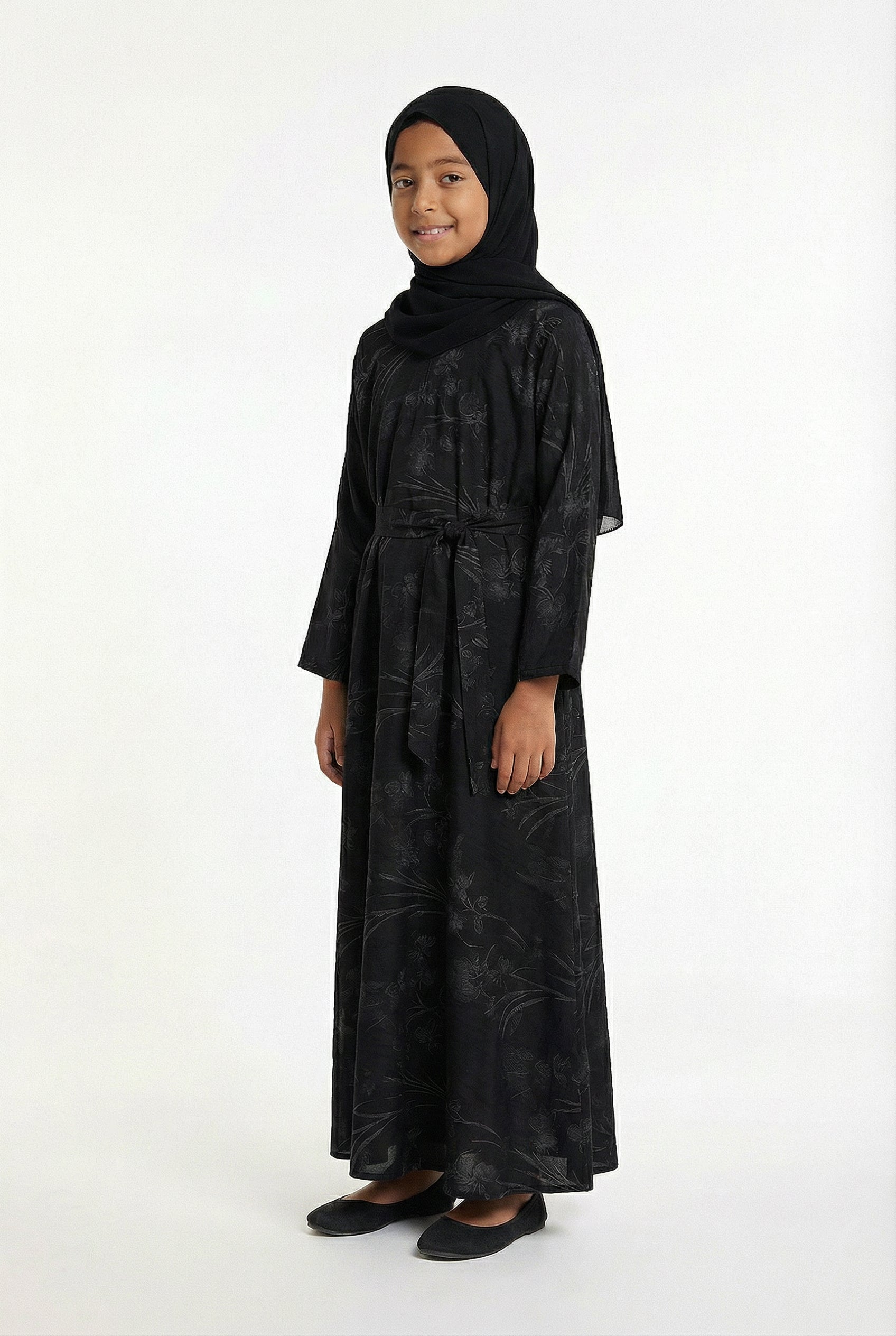 Girls Floral Weave Abaya Black 654 Col 4