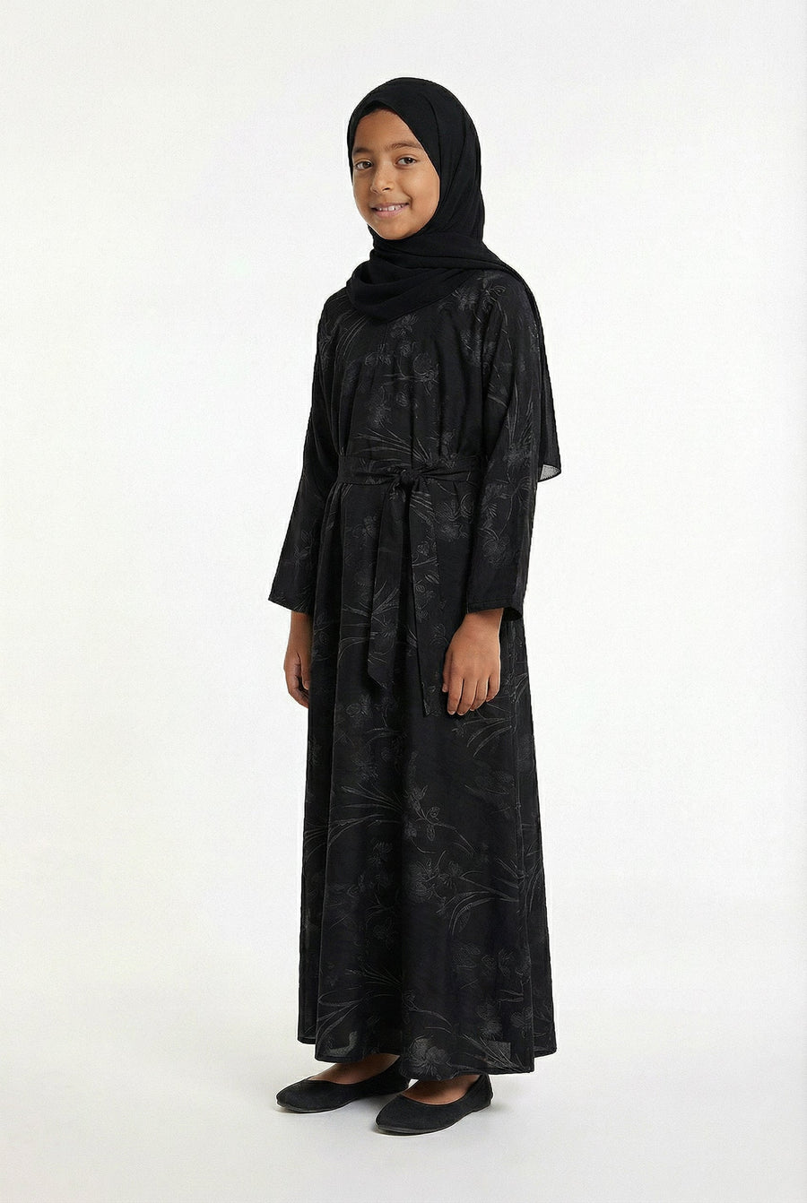 Girls Floral Weave Abaya Black 654 Col 4