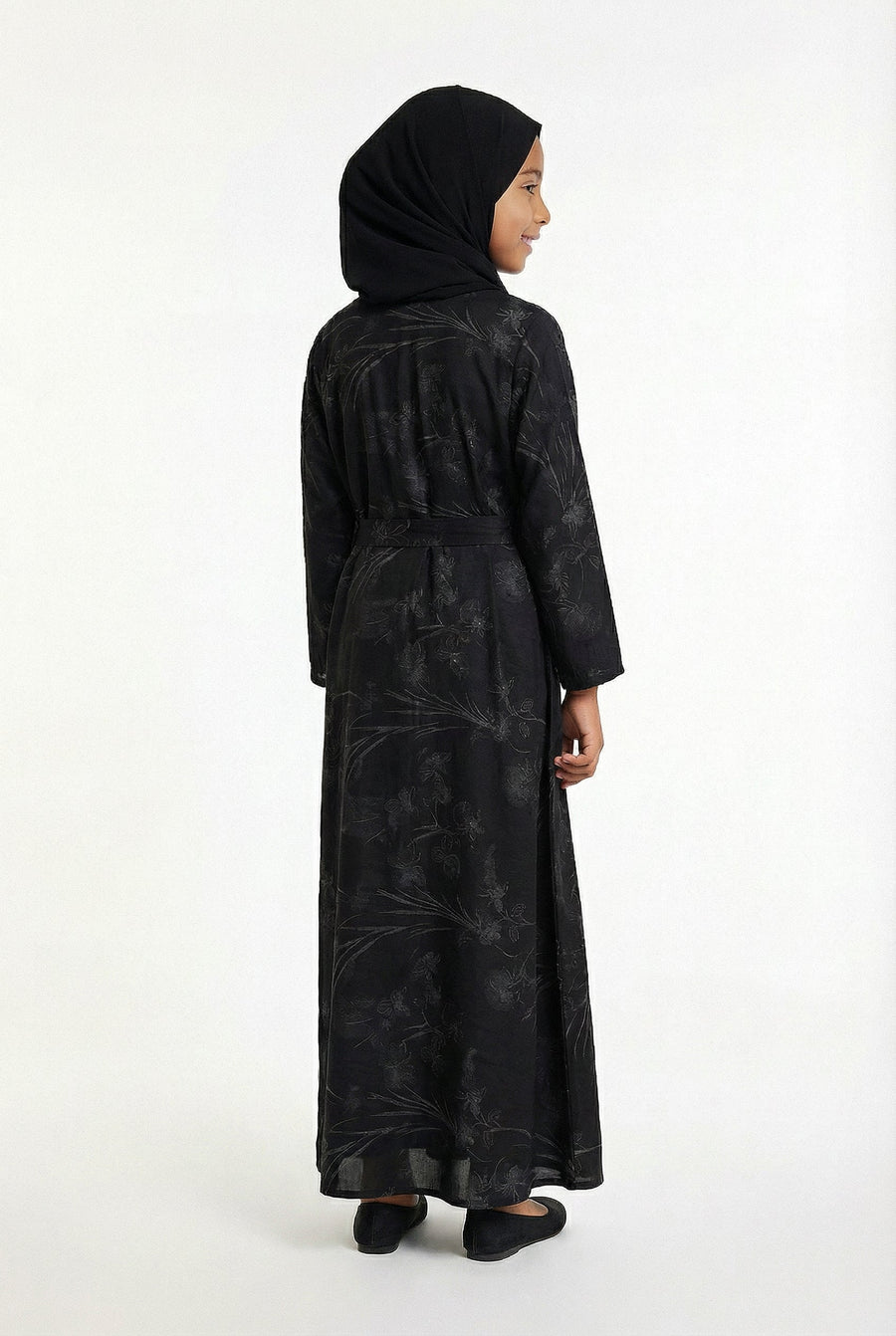 Girls Floral Weave Abaya Black 654 Col 4