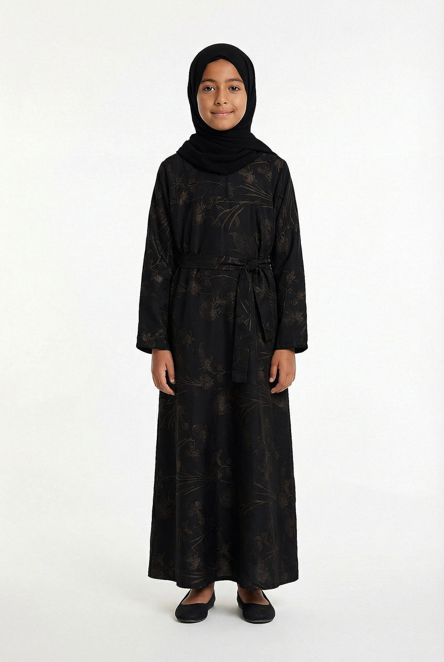 Girls Floral Weave Abaya Black and Gold 654 Col 5