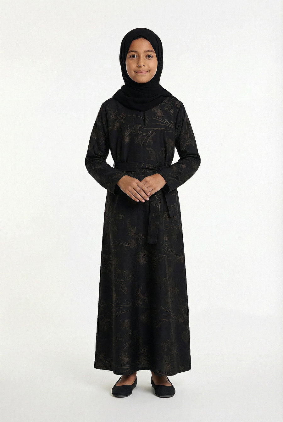 Girls Floral Weave Abaya Black and Gold 654 Col 5